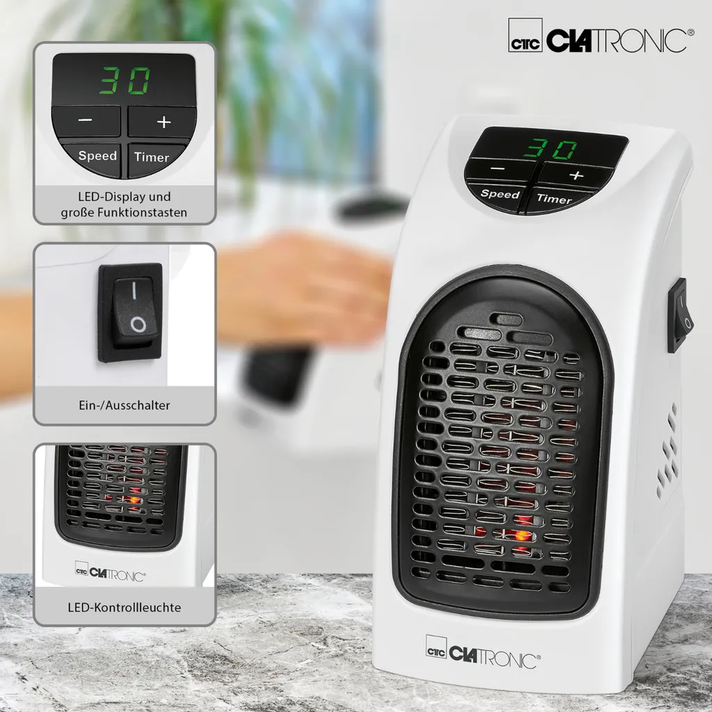 Clatronic HL 3738 Mobiler Steckdosen-Heizlüfter Mit 2 Gebläsestufen, Hochwertiges PTC-Heizelement, LED-Display-und Kontrollleuchte 9 Clatronic HL 3738 Mobiler Steckdosen-Heizlüfter Mit 2 Gebläsestufen, Hochwertiges PTC-Heizelement, LED-Display-und Kontrollleuchte – Bild 7