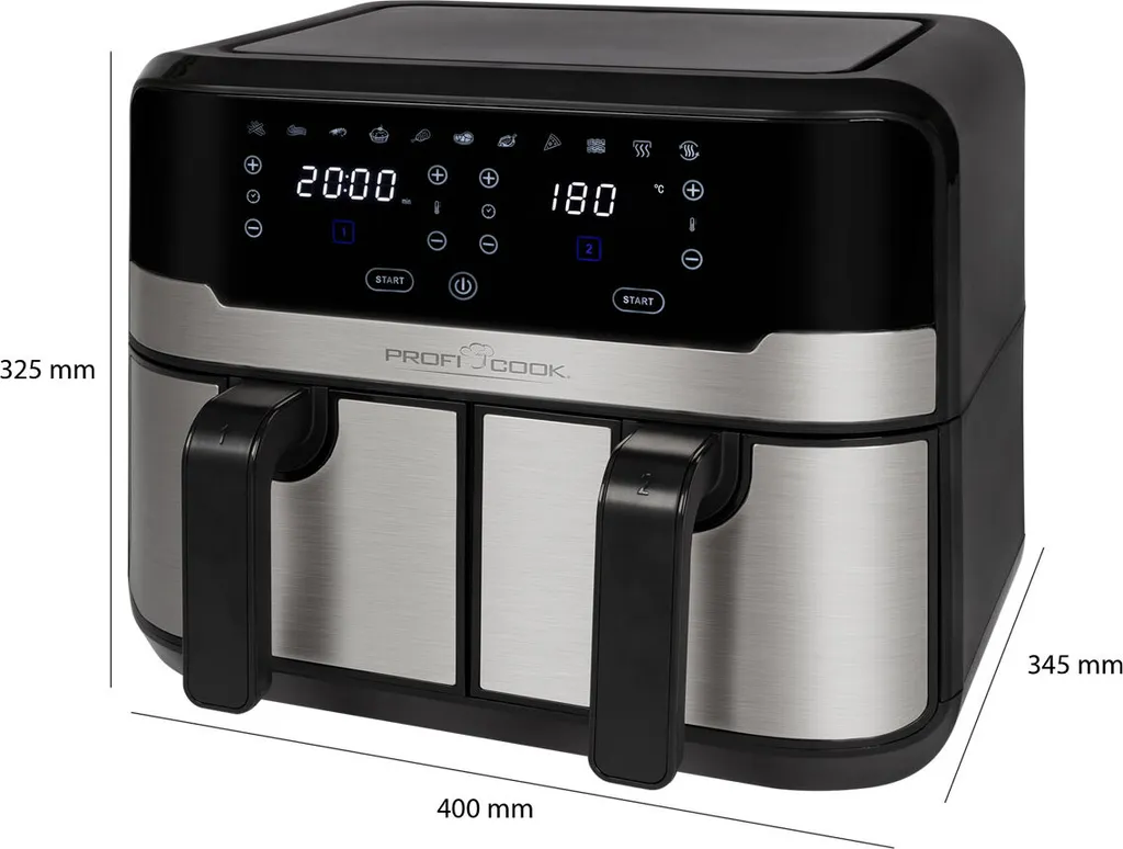 ProfiCook® Doppel-Heißluftfritteuse 9 Liter, XXL Heißluftfritteuse Doppelkammer, Frittieren Mit Heißer Luft Ohne Zusätzliches Öl, 9 Programme, Air Fryer, Touchscreen, PC-FR 1242 H, 2400W 13 ProfiCook® Doppel-Heißluftfritteuse 9 Liter, XXL Heißluftfritteuse Doppelkammer, Frittieren Mit Heißer Luft Ohne Zusätzliches Öl, 9 Programme, Air Fryer, Touchscreen, PC-FR 1242 H, 2400W – Bild 11