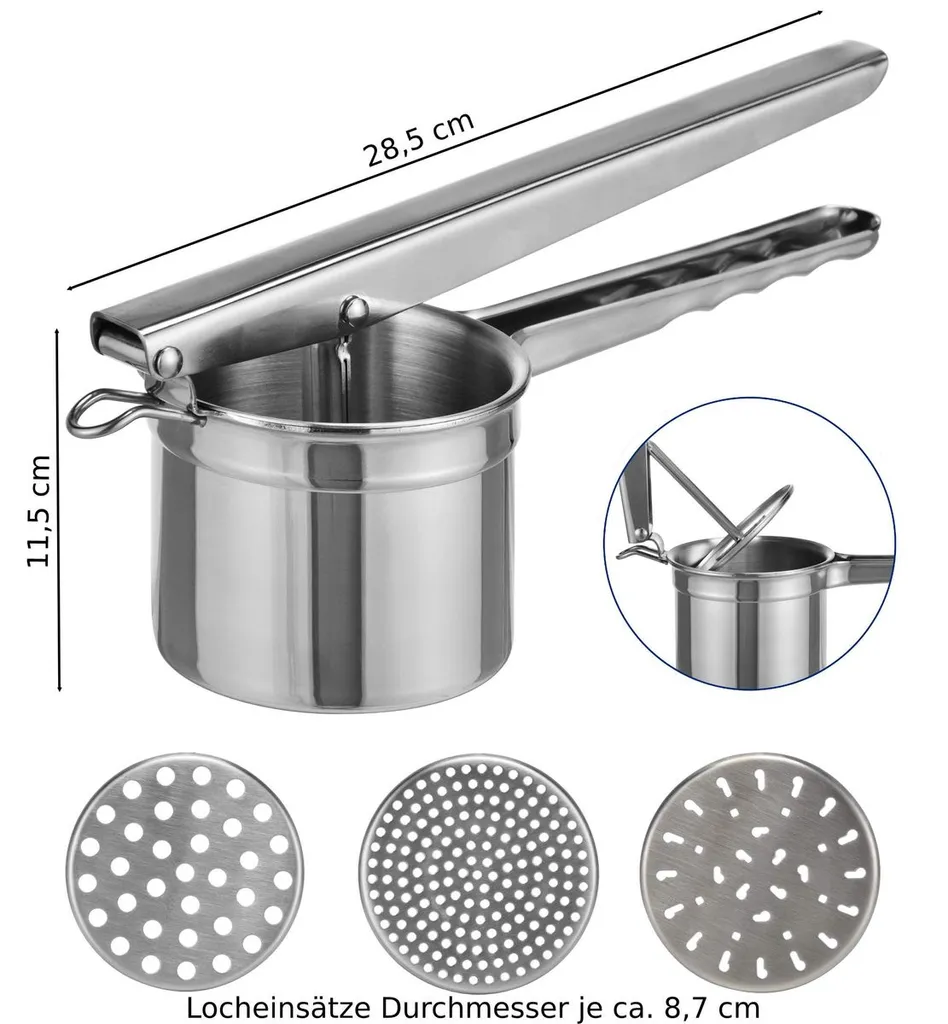 Edelstahl Kartoffelpresse Spätzlepresse Spaghettieispresse Mit 3 Locheinsätzen 4 Edelstahl Kartoffelpresse Spätzlepresse Spaghettieispresse Mit 3 Locheinsätzen – Bild 2
