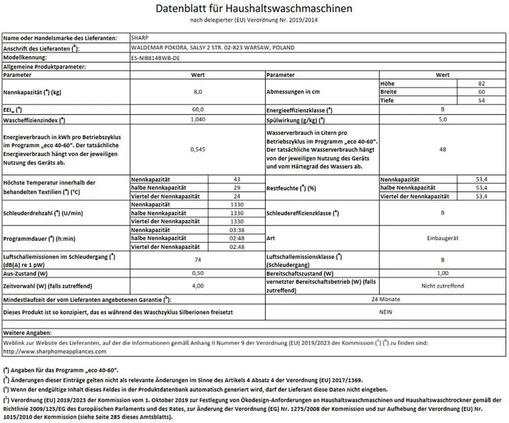 Sharp - ES-NIB814BWB-DE - Einbau-Waschmaschine - 8 Kg 8 Sharp - ES-NIB814BWB-DE - Einbau-Waschmaschine - 8 Kg – Bild 6