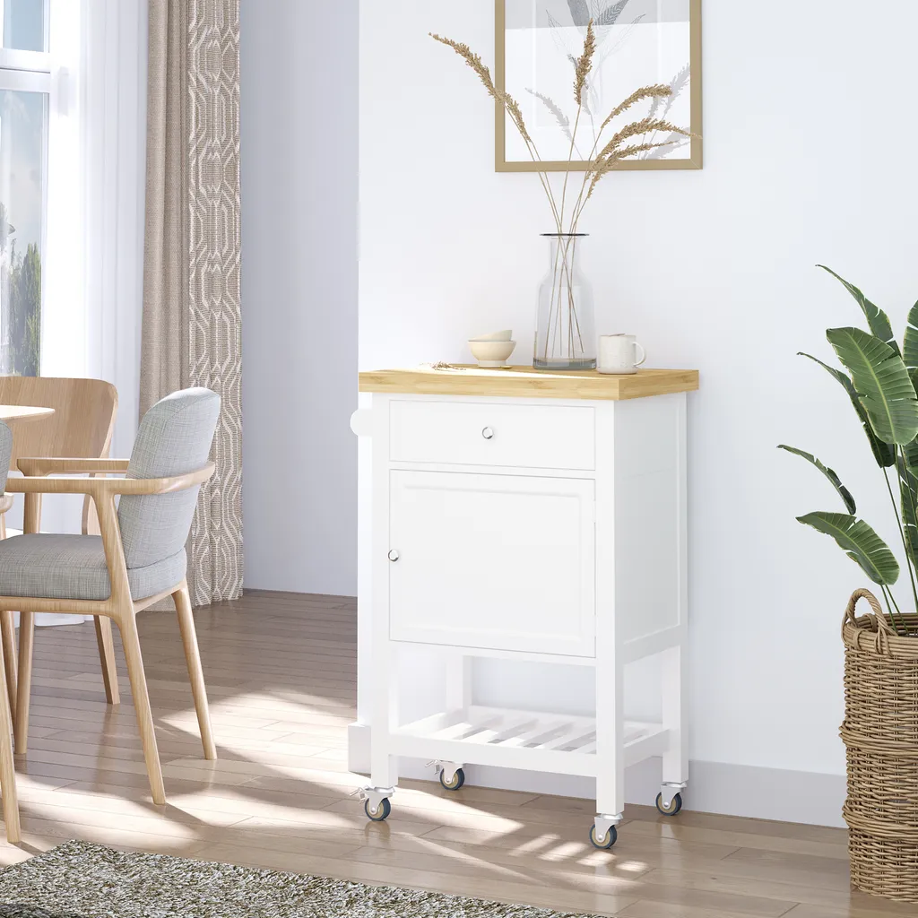 HOMCOM Küchenwagen Küchenrollwagen Servierwagen Mit Einer Schublade Geschlossenen Schrank Regalboden Und Handtuchhalter 4 Lenkrollen MDF Gummiholz Weiß+Eiche 63,5 X 40 X 90 Cm 4 HOMCOM Küchenwagen Küchenrollwagen Servierwagen Mit Einer Schublade Geschlossenen Schrank Regalboden Und Handtuchhalter 4 Lenkrollen MDF Gummiholz Weiß+Eiche 63,5 X 40 X 90 Cm – Bild 2