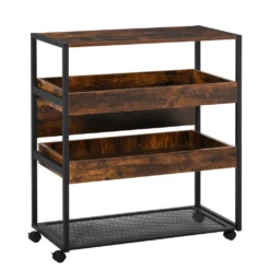 HOMCOM Küchenwagen Küchenrollwagen Servierwagen 3-stöckige Küchenregal Industrie-Design Mit Verstellbaren Füßen Rustikales Braun 80 X 40 X 90 Cm
