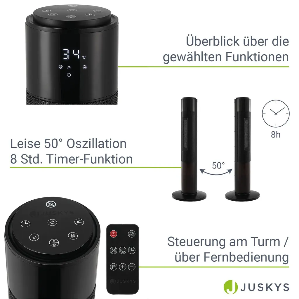 Juskys Turm-Keramik-Heizer – Elektrischer Heizlüfter Mit LCD Display & Fernbedienung, 1000 / 2000W, Kamineffekt, Timer, Oszillation & Umkippschutz 6 Juskys Turm-Keramik-Heizer – Elektrischer Heizlüfter Mit LCD Display & Fernbedienung, 1000 / 2000W, Kamineffekt, Timer, Oszillation & Umkippschutz – Bild 4