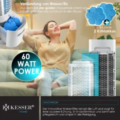 KESSER® 4in1 Mobile Klimaanlage Tower Klimagerät Ventilator/Luftkühler/Luftbefeuchter/Ionisator, Mit Fernbedienung , Timer , Wassertank, 60W, Klima , 2 Kühlakkus Turmventilator, Farbe:Weiß / Schwarz -Kaufland Verkäufe 075ecaff610f38745b85b7023e7ea6bb