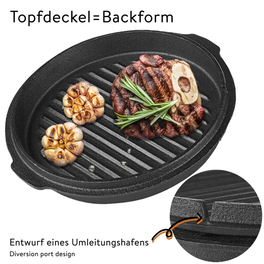 Mucola Gusseisen Feuertopf Gusstopf Inkl. Deckelgriff 2in1 Kochtopf & Pfanne 9,0L Dutch Oven Potjie Camping Kochgeschirr 5 Mucola Gusseisen Feuertopf Gusstopf Inkl. Deckelgriff 2in1 Kochtopf & Pfanne 9,0L Dutch Oven Potjie Camping Kochgeschirr – Bild 3