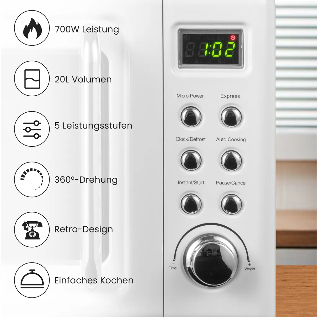 COSTWAY Mikrowelle 20L, 700 W Mikrowellenofen, Mit 8 Automatischen Programme, 5 Leistungsstufen, LED-Anzeige, Verzögerter Start, Retro, Weiß 6 COSTWAY Mikrowelle 20L, 700 W Mikrowellenofen, Mit 8 Automatischen Programme, 5 Leistungsstufen, LED-Anzeige, Verzögerter Start, Retro, Weiß – Bild 4