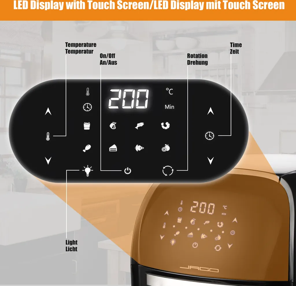 Jago® XXXL 8in1 Heißluftfritteuse 12L + 10 Zubehör - 1800W, LED Display Mit Touch Screen, 8 Programme / Timer, Ohne ÖL - Airfryer, Heißluft, Fritteuse, Heißluftofen, Backofen, Dehydrator, Grill 10 Jago® XXXL 8in1 Heißluftfritteuse 12L + 10 Zubehör - 1800W, LED Display Mit Touch Screen, 8 Programme / Timer, Ohne ÖL - Airfryer, Heißluft, Fritteuse, Heißluftofen, Backofen, Dehydrator, Grill – Bild 8