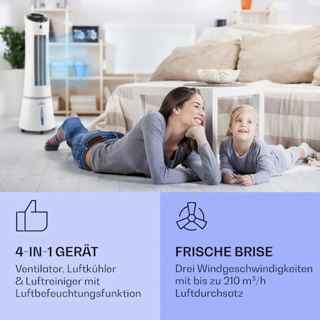 Klarstein Skyscaper Ice Smart Klimaanlage 4-in-1: Luftkühler, Ventilator, Luftbefeuchter & Ionisation - 6 L Wassertank - Oszillation - 30 W - 210 M³/h - Timer - Klimagerät Ohne Abluftschlauch - Mobiles Klimagerät 4 Klarstein Skyscaper Ice Smart Klimaanlage 4-in-1: Luftkühler, Ventilator, Luftbefeuchter & Ionisation - 6 L Wassertank - Oszillation - 30 W - 210 M³/h - Timer - Klimagerät Ohne Abluftschlauch - Mobiles Klimagerät – Bild 2