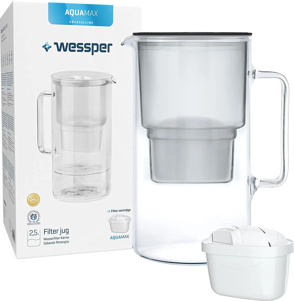Wessper Wasserfilterkanne Aus Glas 2.5 L Kompatibel Mit Brita-Wasserfilterkartuschen, Inklusive 1 Wasserfilter-Kartusche, Reduziert Kalk Und Chlor, Schwarz 4 Wessper Wasserfilterkanne Aus Glas 2.5 L Kompatibel Mit Brita-Wasserfilterkartuschen, Inklusive 1 Wasserfilter-Kartusche, Reduziert Kalk Und Chlor, Schwarz – Bild 2