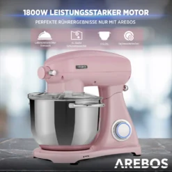 AREBOS Retro Küchenmaschine 1800W, Knetmaschine Mit 6L Edelstahl-Rührschüssel, Geräuscharm, 6 Geschwindigkeiten, Rosa -Kaufland Verkäufe 0d5be64f218584d955bea812a6e12a37