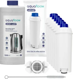 Set Für DeLonghi Kaffeemaschinen: 6x AquaFloow Longi Wasserfilter, AquaFloow Entkalker Entkalker 1000ml, Reinigungswischer