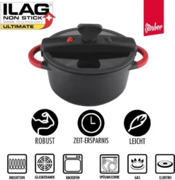 Steuber Niederdruck Kochtopf Für Alle Herdarten, 4800 Ml, Ø 24 Cm, Antihaft, Vitaminschonend, Bis 230°C Backofengeeignet, Abnehmbare Silikongriffe