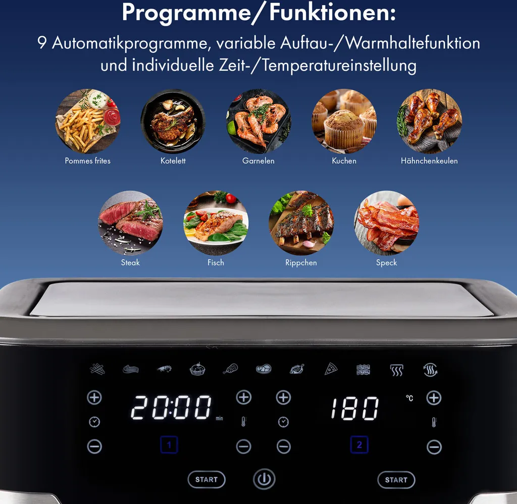 ProfiCook® Doppel-Heißluftfritteuse 9 Liter, XXL Heißluftfritteuse Doppelkammer, Frittieren Mit Heißer Luft Ohne Zusätzliches Öl, 9 Programme, Air Fryer, Touchscreen, PC-FR 1242 H, 2400W 7 ProfiCook® Doppel-Heißluftfritteuse 9 Liter, XXL Heißluftfritteuse Doppelkammer, Frittieren Mit Heißer Luft Ohne Zusätzliches Öl, 9 Programme, Air Fryer, Touchscreen, PC-FR 1242 H, 2400W – Bild 5