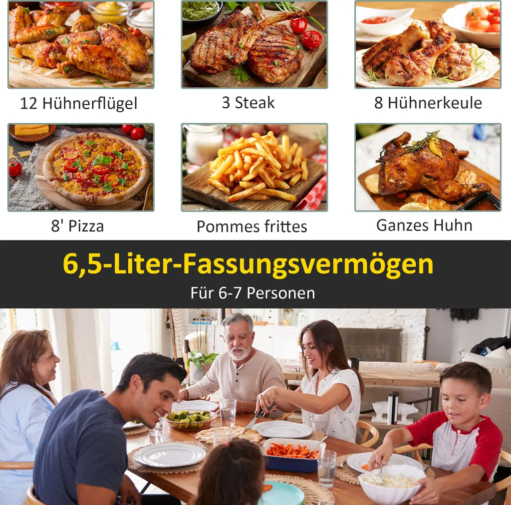 HOMCOM Heißluftfritteuse 6,5 L 1700W Mit 8 Menüs LED-Display Antihaftbeschichteter Korb Für Gesundes ölfreies Fettarmes Kochen Schwarz 36,5 X 29 X 33,8 Cm 8 HOMCOM Heißluftfritteuse 6,5 L 1700W Mit 8 Menüs LED-Display Antihaftbeschichteter Korb Für Gesundes ölfreies Fettarmes Kochen Schwarz 36,5 X 29 X 33,8 Cm – Bild 6