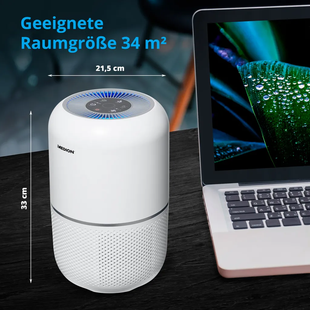 MEDION Luftreiniger Mit HEPA-Filter (H13) (reduziert Verunreinigungen Aerosole Pollen Staub Tierhaare, Bis Zu 34 M², Timer- Und Schlaffunktion, Luftqualitätsanzeige, Touch, 35 Watt, MD 19778) 5 MEDION Luftreiniger Mit HEPA-Filter (H13) (reduziert Verunreinigungen Aerosole Pollen Staub Tierhaare, Bis Zu 34 M², Timer- Und Schlaffunktion, Luftqualitätsanzeige, Touch, 35 Watt, MD 19778) – Bild 3