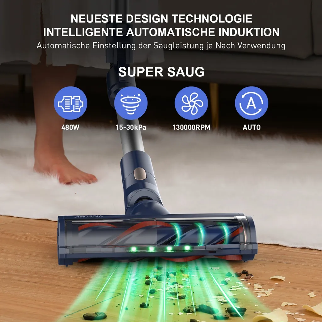 VICSONIC S7 Akku Staubsauger, 30000PA/480W Starke Saugleistung Staubsauger Kabellos Bis Zu 65 Min Laufzeit, 7-in-1 Staubsauger Beutellos, Smartes Touch Display, 180 ° Faltbar, 4 Leistungstufe, Blau 5 VICSONIC S7 Akku Staubsauger, 30000PA/480W Starke Saugleistung Staubsauger Kabellos Bis Zu 65 Min Laufzeit, 7-in-1 Staubsauger Beutellos, Smartes Touch Display, 180 ° Faltbar, 4 Leistungstufe, Blau – Bild 3