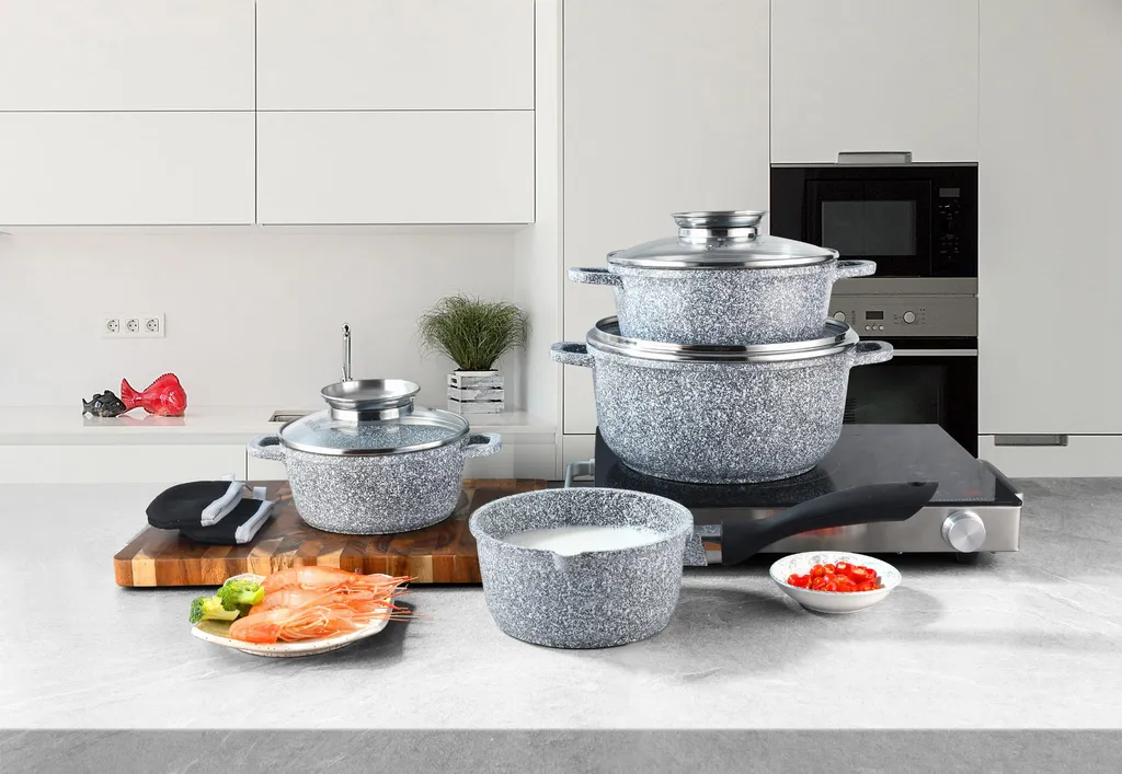 Graue Töpfe Und Kasserolle Mit Marmorbeschichtung 4 Graue Töpfe Und Kasserolle Mit Marmorbeschichtung – Bild 2