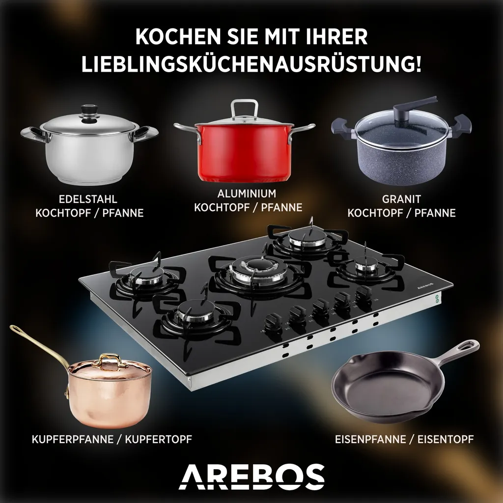 AREBOS Gaskochfeld 5 Flammen, Glaskeramik, Inkl. Topfträger & Zündsicherung, Autark, Geeignet Für Erdgas Oder Propangas, Gasherd, Gaskocher 7 AREBOS Gaskochfeld 5 Flammen, Glaskeramik, Inkl. Topfträger & Zündsicherung, Autark, Geeignet Für Erdgas Oder Propangas, Gasherd, Gaskocher – Bild 5