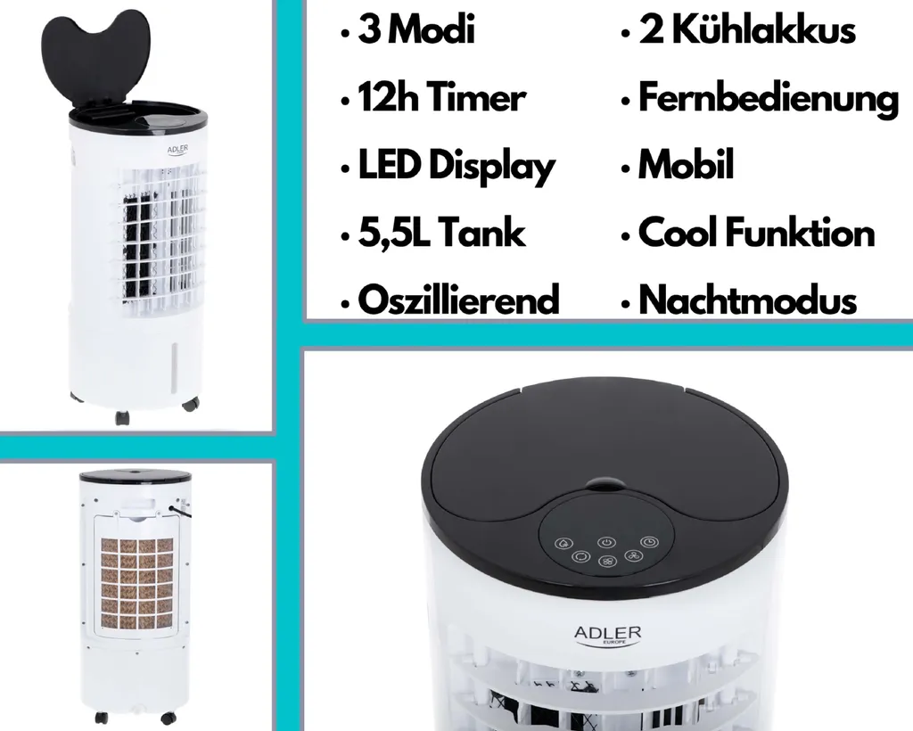 Adler Echos Aircooler 5,5 L Wassertank | 3 Modi Mit Fernbedienung 4 Adler Echos Aircooler 5,5 L Wassertank | 3 Modi Mit Fernbedienung – Bild 2