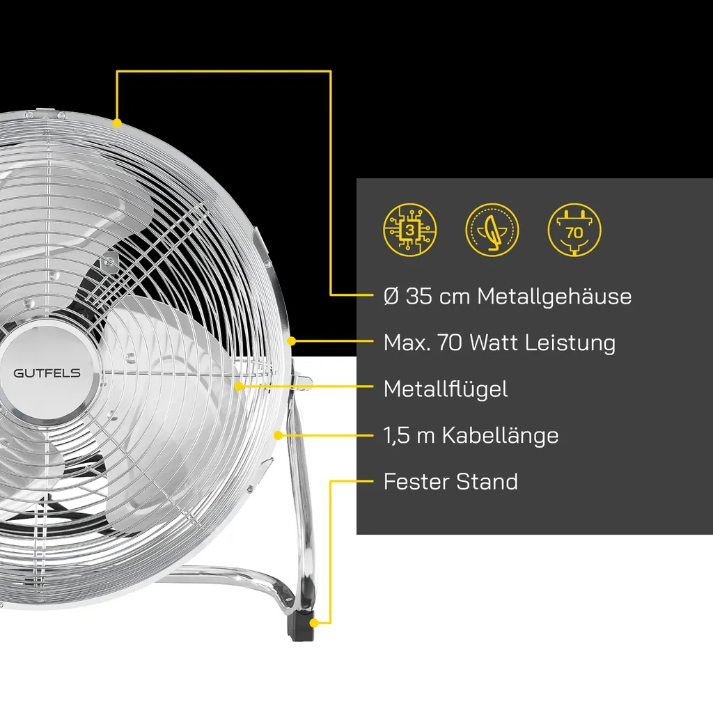GUTFELS Bodenventilator VB 37058 Ch | Ventilator | Metall | 70 W Leistung | Silber 5 GUTFELS Bodenventilator VB 37058 Ch | Ventilator | Metall | 70 W Leistung | Silber – Bild 3