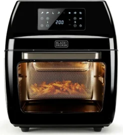 Black & Decker Black+Decker BXAFO1200E Minibackofen Heißluftfritteuse Zwei Röste, Fettauffangschalen, Griff, Frittierkorb, 360° Drehspieß