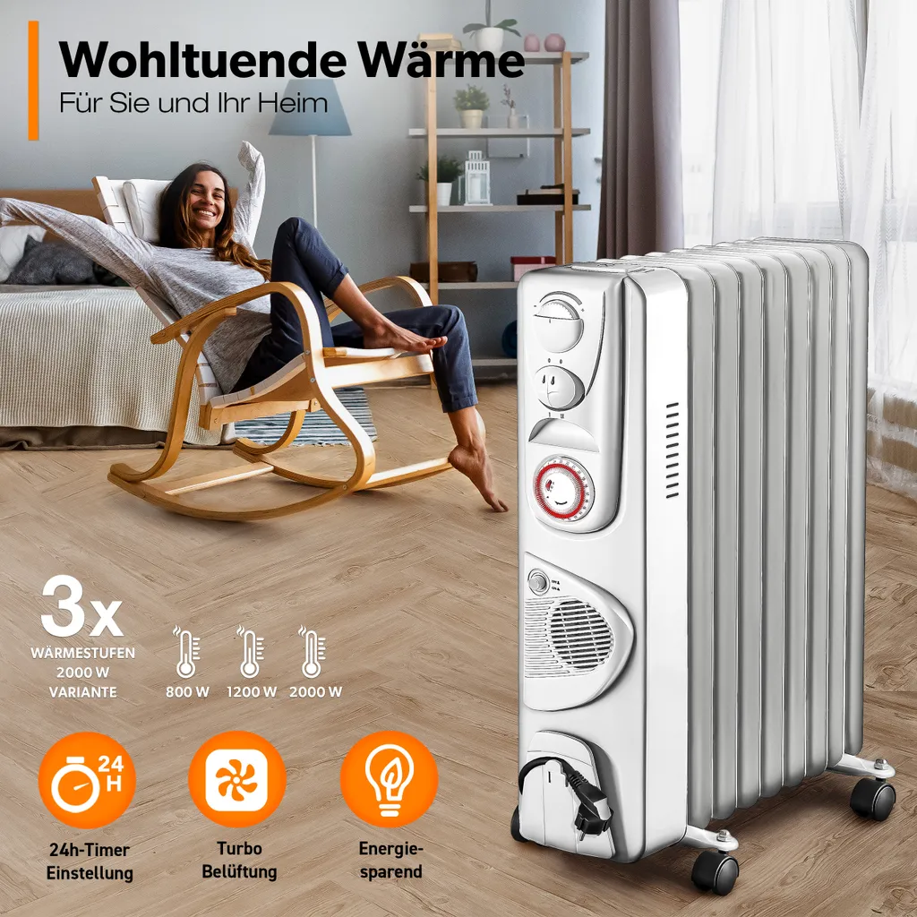 TRESKO® Ölradiator Weiß 2000W Elektroheizung Radiator Öl Heizkörper Heizung Timer 7 TRESKO® Ölradiator Weiß 2000W Elektroheizung Radiator Öl Heizkörper Heizung Timer – Bild 5