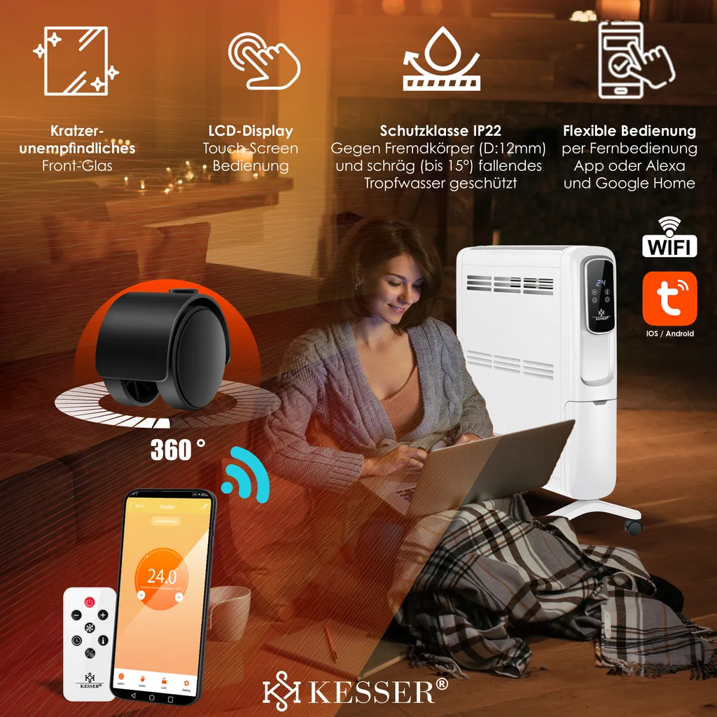 KESSER® Konvektor Elektrische Heizung ECO 2500W Heizkörper Elektroheizung Standheizung Energiesparend Display WiFi App & Fernbedienung Touchscreen - Mobil Radiator 24h Timer Thermostat, Farbe:Weiß 11 KESSER® Konvektor Elektrische Heizung ECO 2500W Heizkörper Elektroheizung Standheizung Energiesparend Display WiFi App & Fernbedienung Touchscreen - Mobil Radiator 24h Timer Thermostat, Farbe:Weiß – Bild 9