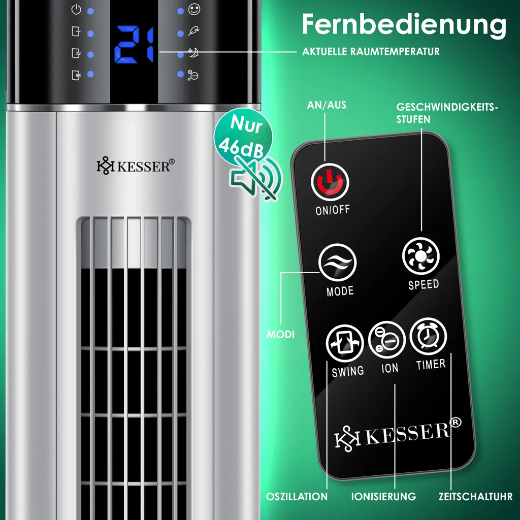 KESSER® Turmventilator Mit Fernbedienung | 3 Stufen | 3 Modi | 107cm | 60 Watt | 7,5 Timer | LED-Leuchten | Tower-Ventilator | Standventilator | Säulenventilator | Luftkühler 90° Oszillierend, Farbe:Silber 10 KESSER® Turmventilator Mit Fernbedienung | 3 Stufen | 3 Modi | 107cm | 60 Watt | 7,5 Timer | LED-Leuchten | Tower-Ventilator | Standventilator | Säulenventilator | Luftkühler 90° Oszillierend, Farbe:Silber – Bild 8