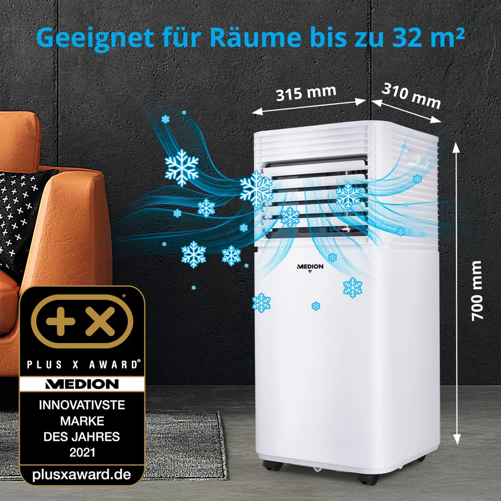 MEDION Smarte Mobile Klimaanlage Mit Abluftschlauch (leise, 3in1, Klimagerät, App Und Sprach- Steuerung, Kühlen Entfeuchten Ventilieren, Staubfilter, Geeignet Für Bis Zu 32qm, 9000BTU, MD37216) 4 MEDION Smarte Mobile Klimaanlage Mit Abluftschlauch (leise, 3in1, Klimagerät, App Und Sprach- Steuerung, Kühlen Entfeuchten Ventilieren, Staubfilter, Geeignet Für Bis Zu 32qm, 9000BTU, MD37216) – Bild 2