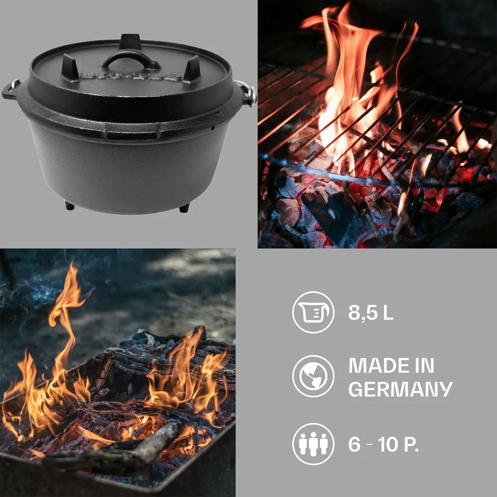 Klarstein Guernsey Premium Dutch Oven 9.0 Gusseisen-Topf , Voreingebrannt , Standfüße , Mit Deckelheber Und Deckelständer , Thermometeröffnung , Größe L: 9 Qt / 8 Liter , Schwarz 5 Klarstein Guernsey Premium Dutch Oven 9.0 Gusseisen-Topf , Voreingebrannt , Standfüße , Mit Deckelheber Und Deckelständer , Thermometeröffnung , Größe L: 9 Qt / 8 Liter , Schwarz – Bild 3