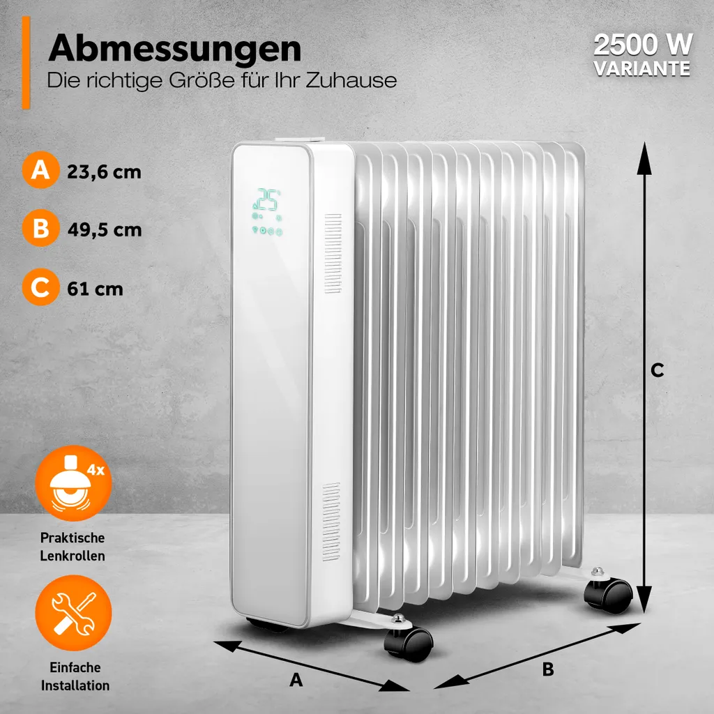 TRESKO® Ölradiator Weiß 2500W Elektroheizung Radiator Öl Heizkörper Heizung Timer 5 TRESKO® Ölradiator Weiß 2500W Elektroheizung Radiator Öl Heizkörper Heizung Timer – Bild 3