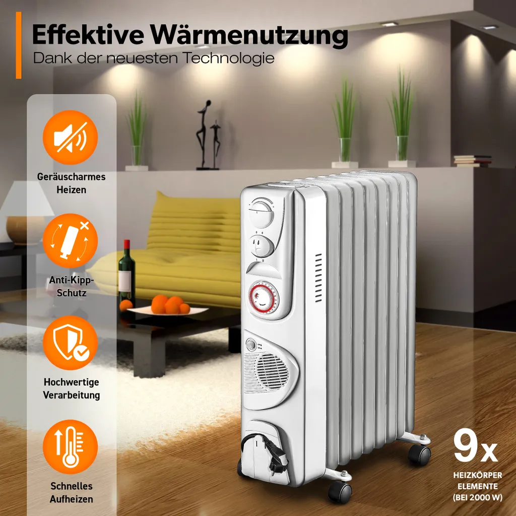 TRESKO® Ölradiator Weiß 2000W Elektroheizung Radiator Öl Heizkörper Heizung Timer 6 TRESKO® Ölradiator Weiß 2000W Elektroheizung Radiator Öl Heizkörper Heizung Timer – Bild 4