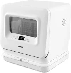 Merax Mini Geschirrspüler Tischgeschirrspüler 5,7L Spülmaschine Für 3 Maßgedecke, Ingebauter Wasserenthärter Und 5 Reinigungsprogramme, LED-Dispaly, Funktioniert Mit/ohne Wasseranschluss, Startzeitvorwahl Freistehend Weiß