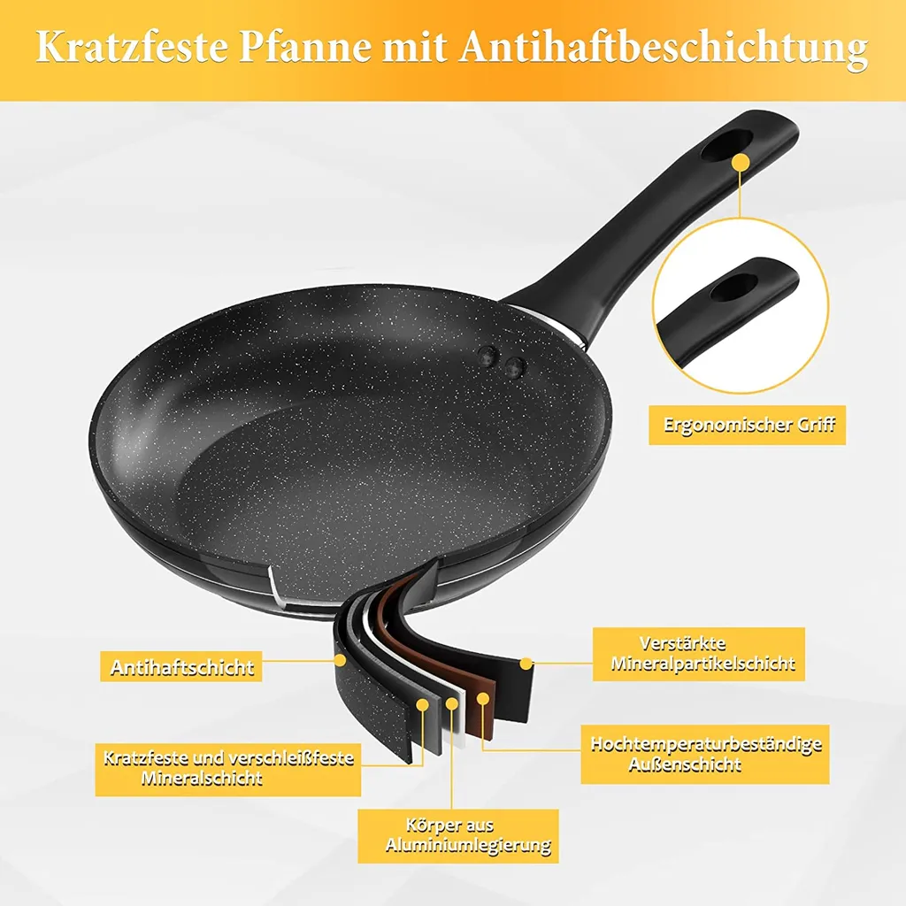 3tlg Pfannenset Mit Antihaftbeschichtung - Kratzfest Mit Isoliertem Griff Induktion 20 +24 +28cm Schwarz 6 3tlg Pfannenset Mit Antihaftbeschichtung - Kratzfest Mit Isoliertem Griff Induktion 20 +24 +28cm Schwarz – Bild 4