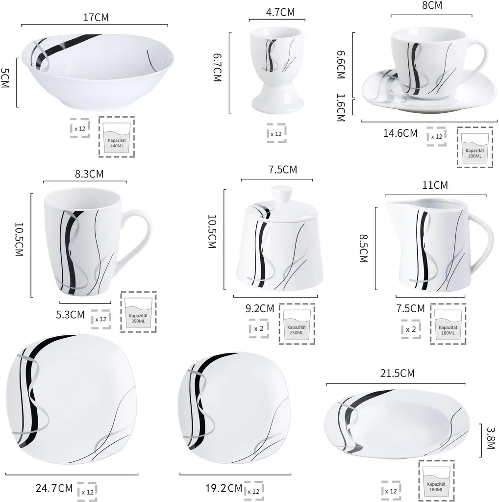 VEWEET, Serie 'Fiona', 100-teilig Porzellan Tafelservice Set, Kombiservice Mit Dessertteller, Speiseteller, Suppenteller, Müslischalen, Kaffeebecher, Kaffeetassen Set, Eierbecher, Milch- Und Zuckerset 4 VEWEET, Serie 'Fiona', 100-teilig Porzellan Tafelservice Set, Kombiservice Mit Dessertteller, Speiseteller, Suppenteller, Müslischalen, Kaffeebecher, Kaffeetassen Set, Eierbecher, Milch- Und Zuckerset – Bild 2