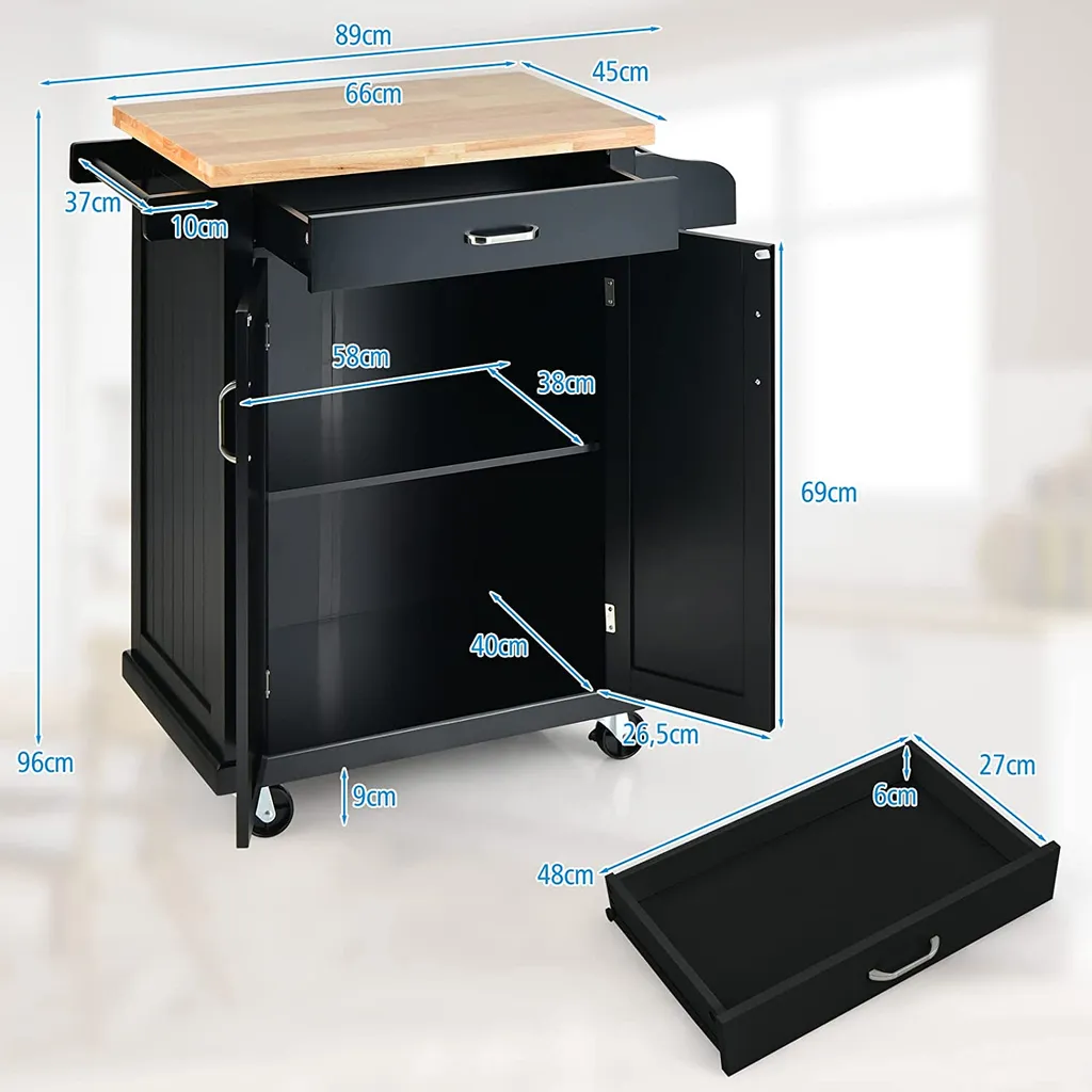 COSTWAY Küchenwagen Auf Rollen, Servierwagen Mit Arbeitsplatte & Handtuchhalter & Schublade & Gewürzregal, Kücheninsel Holz, Küchenschrank Rollbar, Für Küche, Esszimmer Und Bar (Schwarz) 9 COSTWAY Küchenwagen Auf Rollen, Servierwagen Mit Arbeitsplatte & Handtuchhalter & Schublade & Gewürzregal, Kücheninsel Holz, Küchenschrank Rollbar, Für Küche, Esszimmer Und Bar (Schwarz) – Bild 7