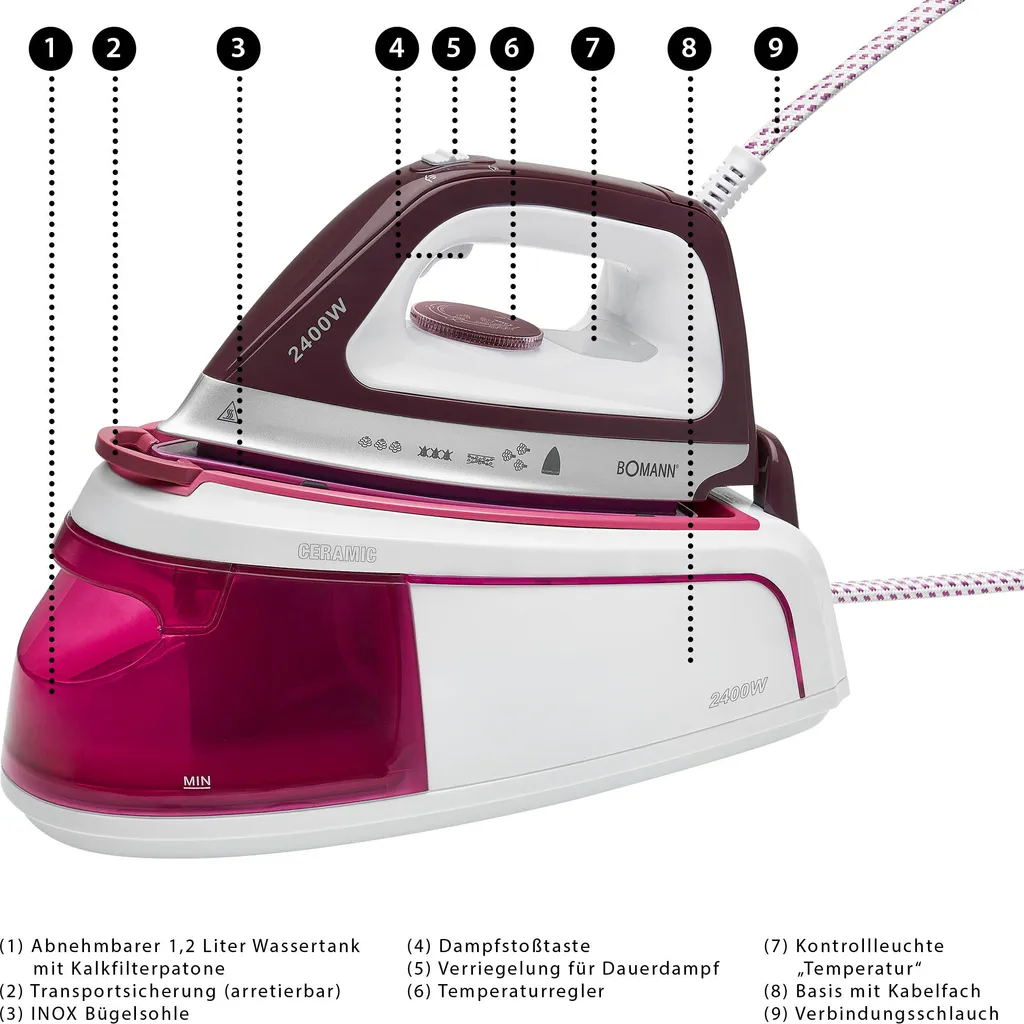 Bomann DBS 6034 CB Dampfbügelstation, Superglide-Keramiksohle, 3,5 Bar Dampfdruck, Elektronisches Anti-Tropf-System, 2300W, Weiß-flieder 9 Bomann DBS 6034 CB Dampfbügelstation, Superglide-Keramiksohle, 3,5 Bar Dampfdruck, Elektronisches Anti-Tropf-System, 2300W, Weiß-flieder – Bild 7