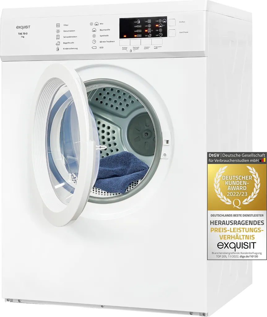 Exquisit TAE 70-3 Abluftrockner | 7 Kg | Elektronik | Reversierautomatik | Weiß 3 Exquisit TAE 70-3 Abluftrockner | 7 Kg | Elektronik | Reversierautomatik | Weiß