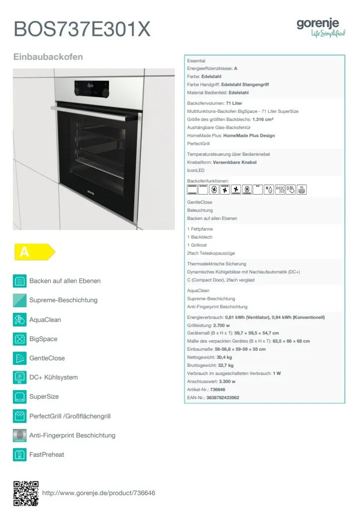 HERDSET Gorenje Einbaubackofen Mit Glaskeramikkochfeld - Autark, 80 Cm BräterZone 14 HERDSET Gorenje Einbaubackofen Mit Glaskeramikkochfeld - Autark, 80 Cm BräterZone – Bild 12