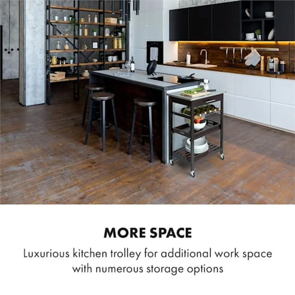 Klarstein Vermont - Küchenwagen, Servierwagen, Küchenrollwagen, 4 Etagen, DREI Ablagen, Herausnehmbare Schublade, Flaschenablage, Edelstahl-Arbeitsplatte, Echtholz, Rollen, Dunkelbraun 4 Klarstein Vermont - Küchenwagen, Servierwagen, Küchenrollwagen, 4 Etagen, DREI Ablagen, Herausnehmbare Schublade, Flaschenablage, Edelstahl-Arbeitsplatte, Echtholz, Rollen, Dunkelbraun – Bild 2