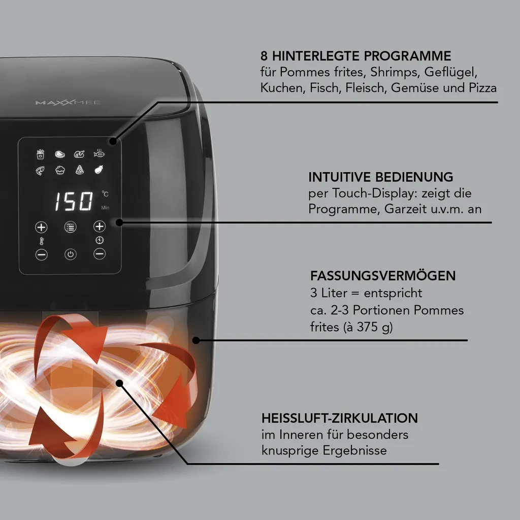 Heißluftfritteuse Fritteuse Fettarm Heißluft 1300W Touch Display Timer Schwarz 7 Heißluftfritteuse Fritteuse Fettarm Heißluft 1300W Touch Display Timer Schwarz – Bild 5