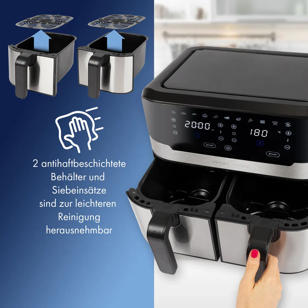 ProfiCook® Doppel-Heißluftfritteuse 9 Liter, XXL Heißluftfritteuse Doppelkammer, Frittieren Mit Heißer Luft Ohne Zusätzliches Öl, 9 Programme, Air Fryer, Touchscreen, PC-FR 1242 H, 2400W 9 ProfiCook® Doppel-Heißluftfritteuse 9 Liter, XXL Heißluftfritteuse Doppelkammer, Frittieren Mit Heißer Luft Ohne Zusätzliches Öl, 9 Programme, Air Fryer, Touchscreen, PC-FR 1242 H, 2400W – Bild 7