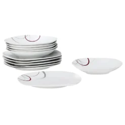 Tafelservice Palazzo 12tlg. - Weiß MitNachbildung-Kreisen In Grau Und Dunkelrot - Für 6 Personen