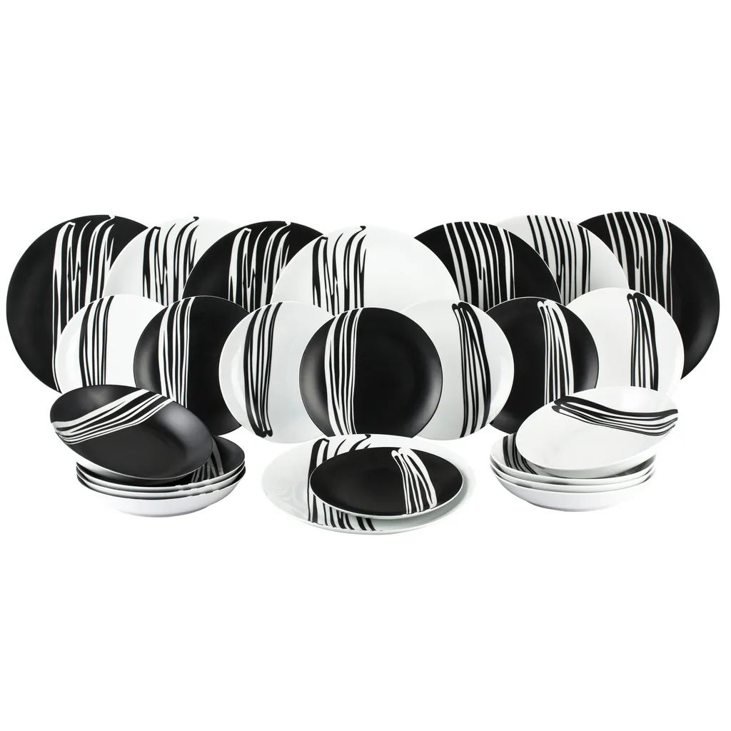 Waterside 0000006105 Tafelservice Milan Für 8 Personen + Streifen, Porzellan, Rund, Schwarz/weiß (1 Set, 24-teilig) 3 Waterside 0000006105 Tafelservice Milan Für 8 Personen + Streifen, Porzellan, Rund, Schwarz/weiß (1 Set, 24-teilig)