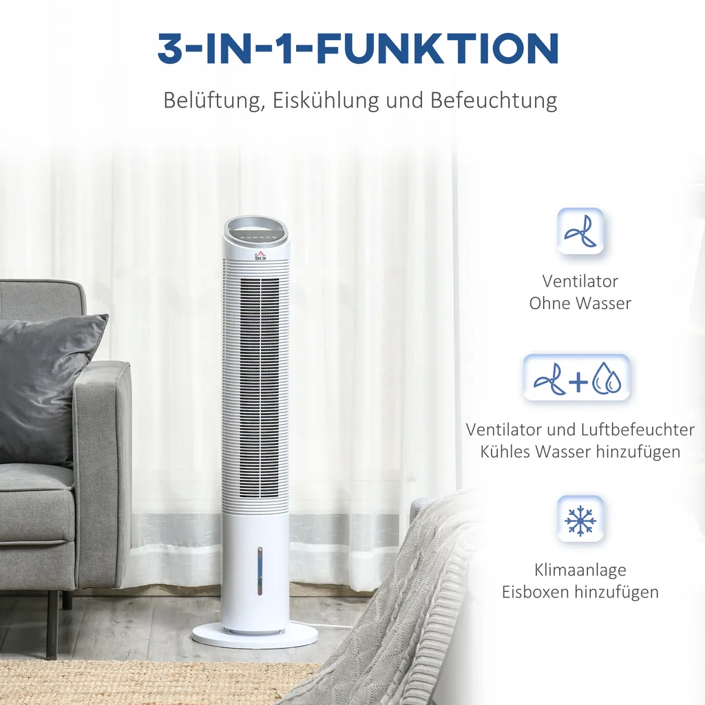 HOMCOM Luftkühler Mit Wasserkühlung Fernbedienung Turmventilator Standventilator Mit Luftbefeuchtung Klimagerät 8h Timer Nutzungsraum 20㎡ 60W ABS Weiß Ø30 X 100,8H Cm 8 HOMCOM Luftkühler Mit Wasserkühlung Fernbedienung Turmventilator Standventilator Mit Luftbefeuchtung Klimagerät 8h Timer Nutzungsraum 20㎡ 60W ABS Weiß Ø30 X 100,8H Cm – Bild 6