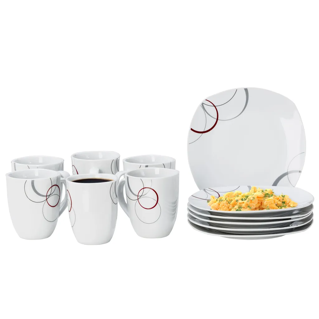 Frühstücksset Palazzo 12tlg. - 6 Teller á 19cm Und 6 Becher á 33cl Aus Weißem Porzellan MitNachbildung-Kreisen In Grau Und Dunkelrot - Für 6 Personen 3 Frühstücksset Palazzo 12tlg. - 6 Teller á 19cm Und 6 Becher á 33cl Aus Weißem Porzellan MitNachbildung-Kreisen In Grau Und Dunkelrot - Für 6 Personen