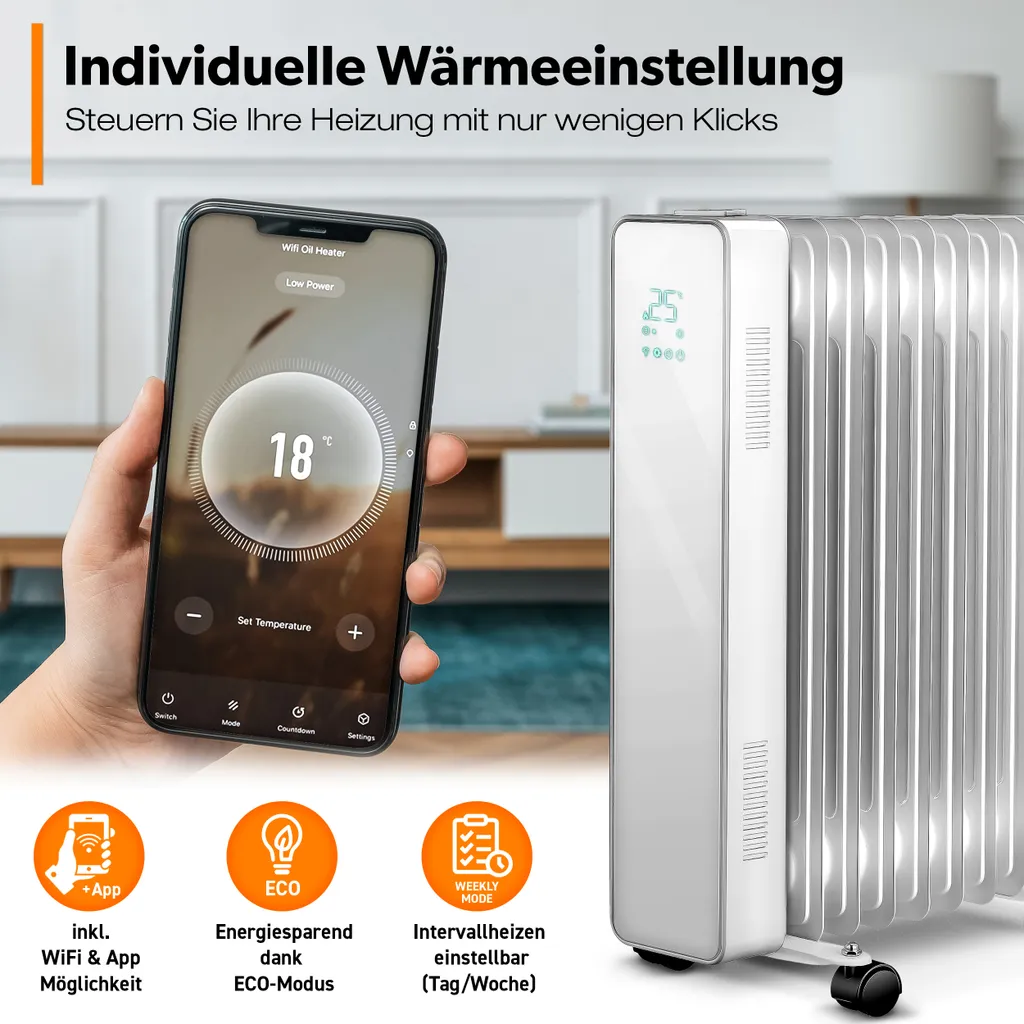 TRESKO® Ölradiator Weiß 2500W Elektroheizung Radiator Öl Heizkörper Heizung Timer 8 TRESKO® Ölradiator Weiß 2500W Elektroheizung Radiator Öl Heizkörper Heizung Timer – Bild 6
