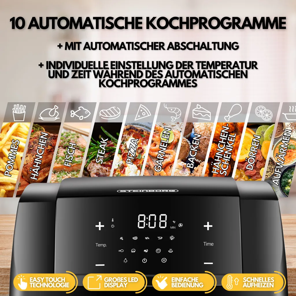 Steinborg 4-in1 Heißluftfritteuse | 12L | 1.500 W | Mit LED Touchscreen | 10 Automatische Programme | Inkl. Rezeptbuch Auf Deutsch | Frittieren, Backen, Grillen Oder Dörren | Aufwärmfunktion | Automatische Abschaltung | 4 Steinborg 4-in1 Heißluftfritteuse | 12L | 1.500 W | Mit LED Touchscreen | 10 Automatische Programme | Inkl. Rezeptbuch Auf Deutsch | Frittieren, Backen, Grillen Oder Dörren | Aufwärmfunktion | Automatische Abschaltung | – Bild 2