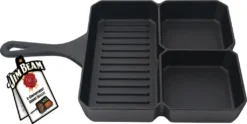 Jim Beam Grillpfanne Gusseisen - Bratpfanne Mit 3 Fächern - Steakpfanne Gusseisern Induktion Eckig