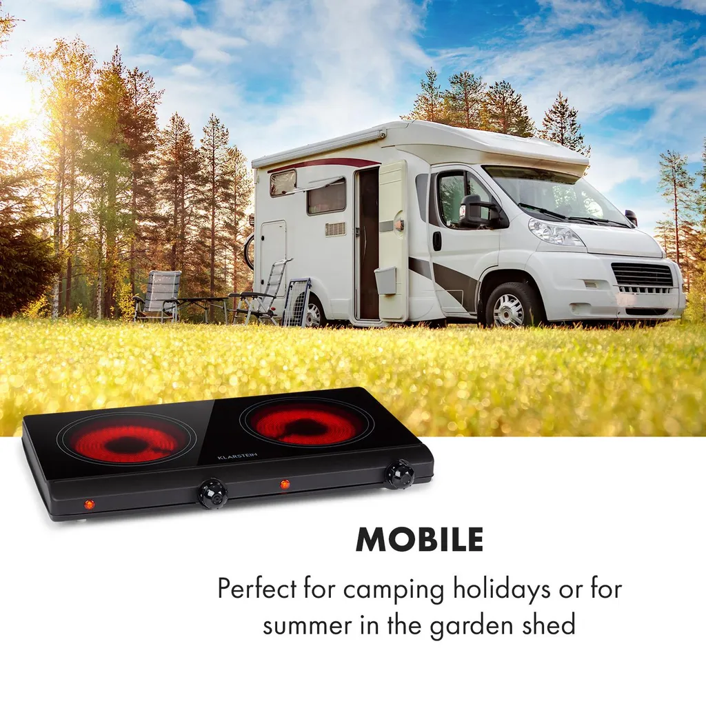 Klarstein Cookbuddy Doppelkochfeld, 2400W, Infrarot, Glaskeramik, Mobile Kochplatte, 2 X 18 Cm (Ø) Kochzone, 5 Temperaturstufen, Überhitzungsschutz, Elektrisch, Camping-Kochfeld, Edelstahl, Schwarz 7 Klarstein Cookbuddy Doppelkochfeld, 2400W, Infrarot, Glaskeramik, Mobile Kochplatte, 2 X 18 Cm (Ø) Kochzone, 5 Temperaturstufen, Überhitzungsschutz, Elektrisch, Camping-Kochfeld, Edelstahl, Schwarz – Bild 5